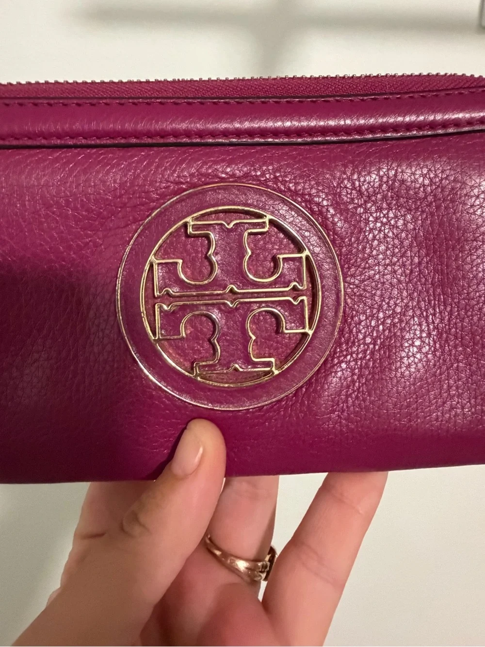 Tory Burch Zip-Around Wallet in Deep Berry with Gold Logo